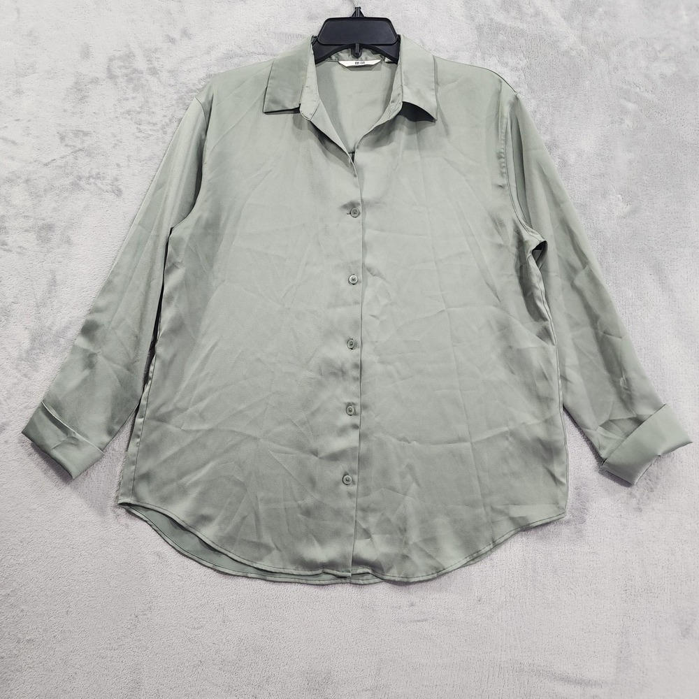 Uniqlo Shirt Womens S Green Satin Collared Long Sleeve Lightweight Button Front